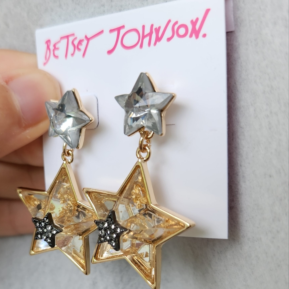 NWT Betsey Johnson Celestial Double Star Drop Earrings, Silver/Gold, Lightweight - Picture 10 of 10